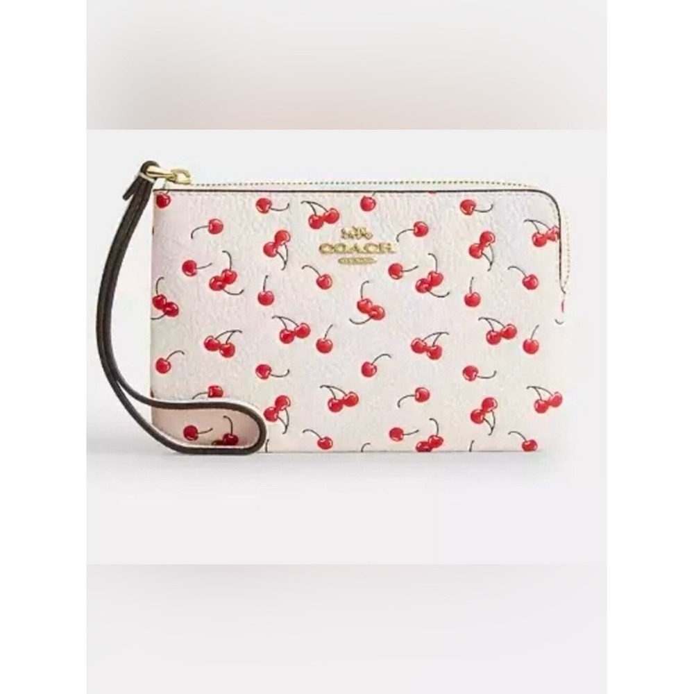 Coach Corner Zip Wristlet Cherry Print Chalk White Red CN037 CEX82